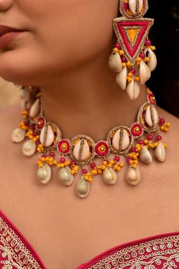 Around Always_Pink Navya Cowrie Shell Embellished Jewellery Set _Online_at_Aza_Fashions