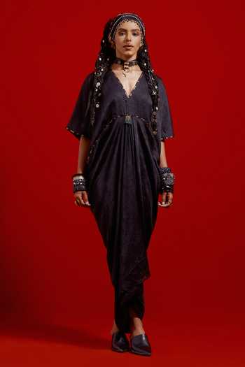 Shop_Aseem Kapoor_Black Tussar, Cotton, Silk Embroidery, Beads, Tassels Zuri Gilet With Dress_Online_at_Aza_Fashions