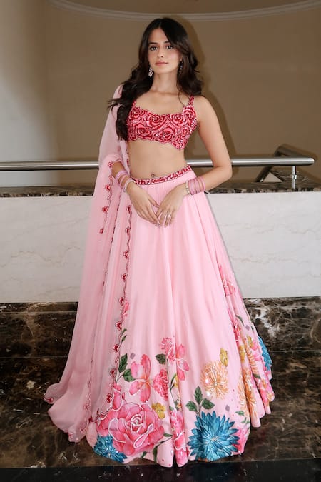 Shop Krishna Padia Pink Silk, Organza Embroidery, Sequins Square Neck Floral Hand Lehenga Set Shop_Krishna Padia_Pink Silk, Organza Embroidery, Sequins Square Neck Floral Hand Lehenga Set