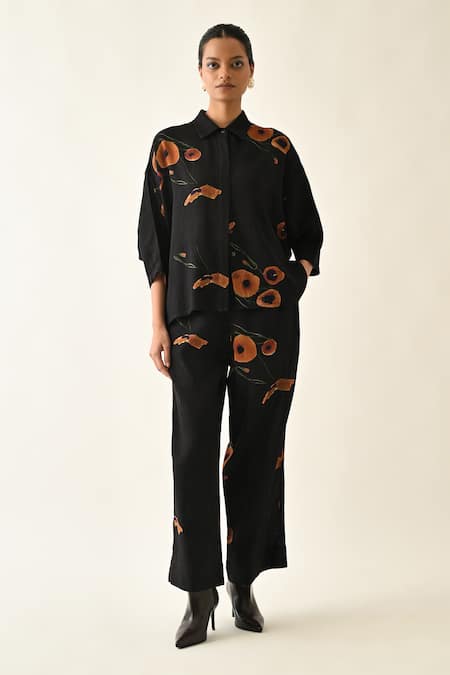 Shop_OFRIDA_Black Cotton Winter Daffodil Printed Bf Pant _Online_at_Aza_Fashions