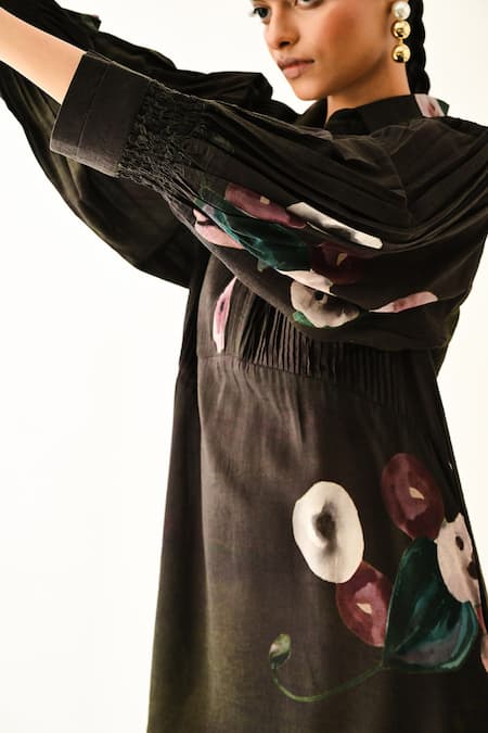 OFRIDA_Brown Collared Earth Boota A-line Dotted Dobby Dress _Online_at_Aza_Fashions