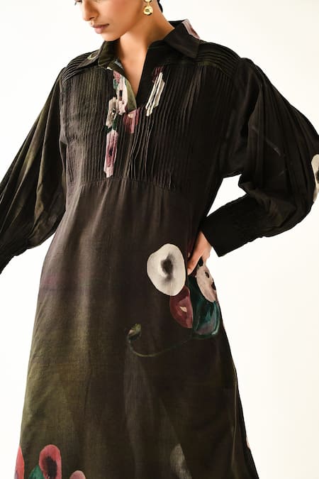 Buy_OFRIDA_Brown Collared Earth Boota A-line Dotted Dobby Dress _Online_at_Aza_Fashions