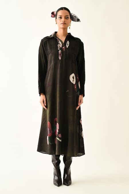 Shop_OFRIDA_Brown Collared Earth Boota A-line Dotted Dobby Dress _Online_at_Aza_Fashions