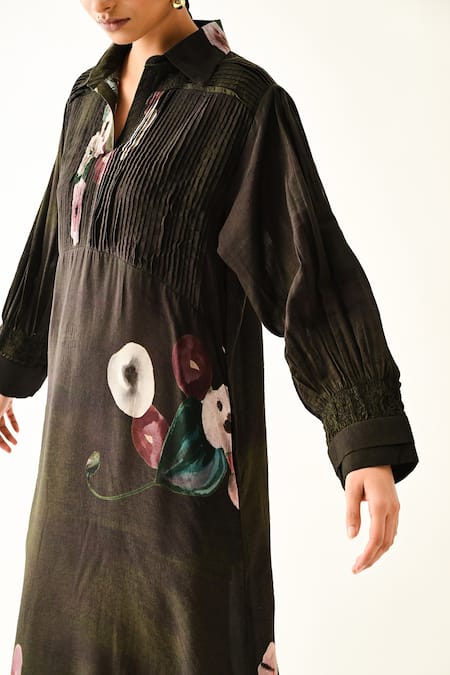 OFRIDA_Brown Collared Earth Boota A-line Dotted Dobby Dress _at_Aza_Fashions