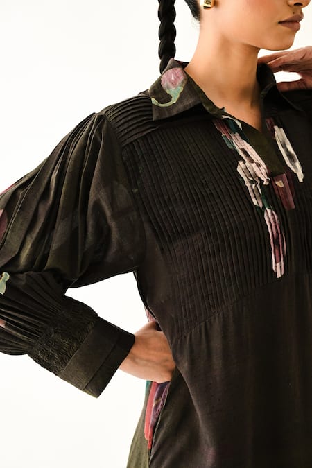 Buy_OFRIDA_Brown Collared Earth Boota A-line Dotted Dobby Dress 