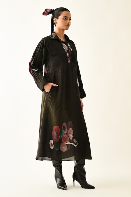 OFRIDA Earth Boota A-Line Dotted Dobby Dress 