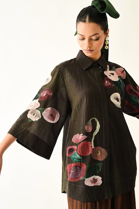 OFRIDA_Brown Collared Earth Boota Ivy Shirt _Online_at_Aza_Fashions