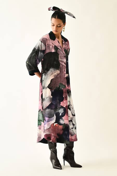 OFRIDA_Pink Cotton Collared Twilight Bloom Trench Dress _Online_at_Aza_Fashions