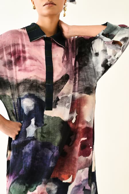 OFRIDA_Pink Cotton Collared Twilight Bloom Printed Dress _Online_at_Aza_Fashions