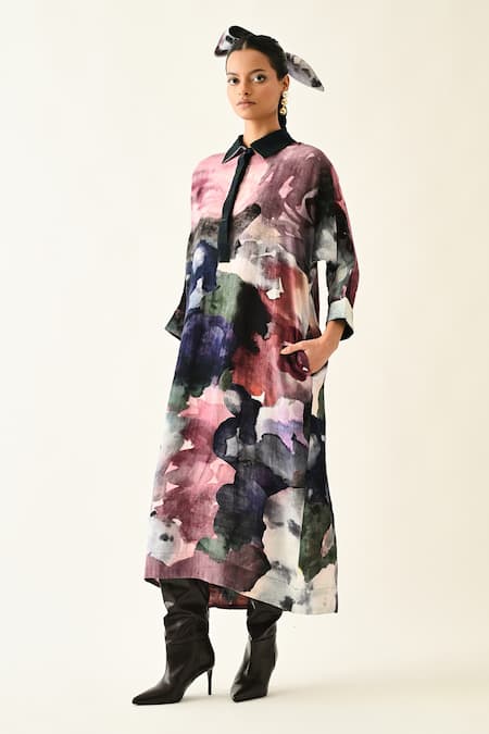 OFRIDA_Pink Cotton Collared Twilight Bloom Printed Dress _at_Aza_Fashions