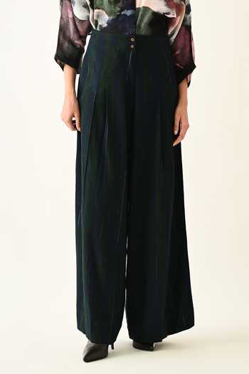 OFRIDA_Green Cotton Navy Stripes Pleated Pant _Online_at_Aza_Fashions