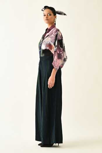 Shop_OFRIDA_Green Cotton Navy Stripes Pleated Pant _Online_at_Aza_Fashions
