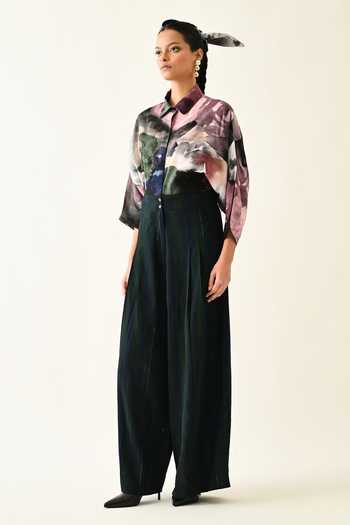 OFRIDA_Green Cotton Navy Stripes Pleated Pant _at_Aza_Fashions