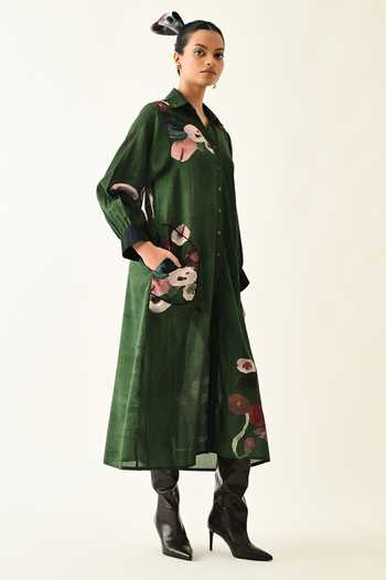 OFRIDA_Green Collared Mossfield Whim Midi Dress _Online_at_Aza_Fashions