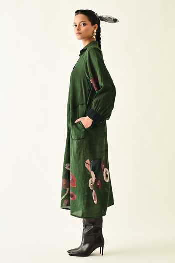 OFRIDA_Green Collared Mossfield Whim Midi Dress _at_Aza_Fashions