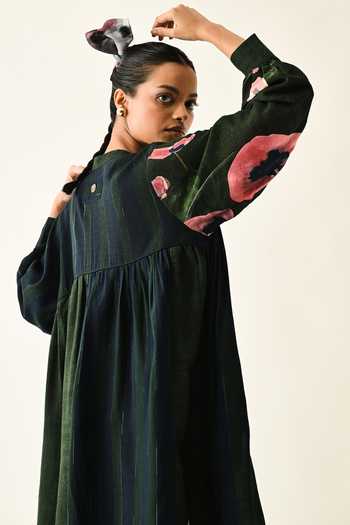 OFRIDA_Pink Mandarin Collar Mossfield Thristle Midi Dress _Online_at_Aza_Fashions