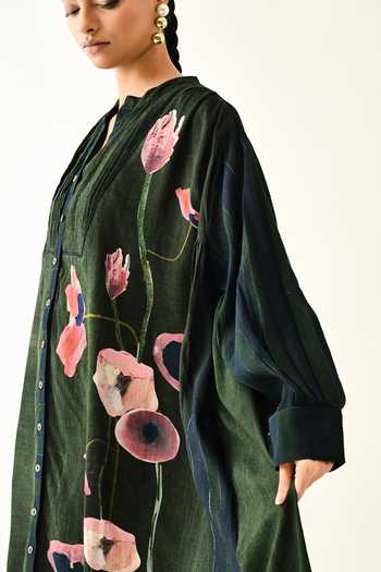 Buy_OFRIDA_Pink Mandarin Collar Mossfield Thristle Midi Dress _Online_at_Aza_Fashions