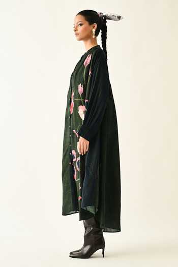 Shop_OFRIDA_Pink Mandarin Collar Mossfield Thristle Midi Dress _Online_at_Aza_Fashions