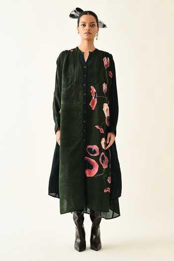 OFRIDA_Pink Mandarin Collar Mossfield Thristle Midi Dress _at_Aza_Fashions