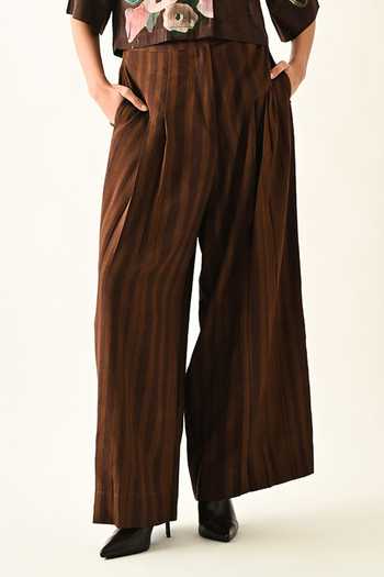 OFRIDA_Brown Cotton Stripes Pleated Pant _Online_at_Aza_Fashions