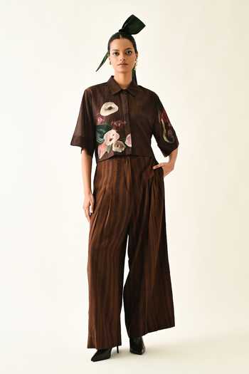 Buy_OFRIDA_Brown Cotton Stripes Pleated Pant _Online_at_Aza_Fashions