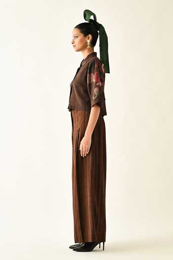 Shop_OFRIDA_Brown Cotton Stripes Pleated Pant _Online_at_Aza_Fashions