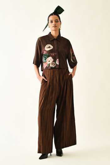 OFRIDA_Brown Cotton Stripes Pleated Pant _at_Aza_Fashions