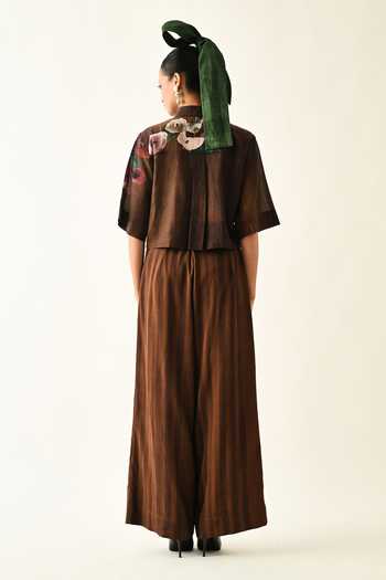 Buy_OFRIDA_Brown Cotton Stripes Pleated Pant 
