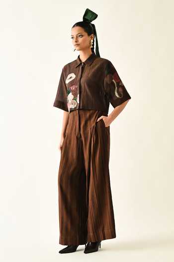 Shop_OFRIDA_Brown Cotton Stripes Pleated Pant 