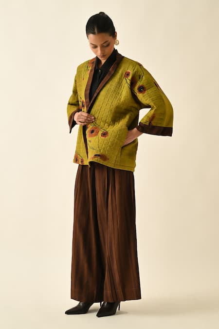 Buy_OFRIDA_Brown Cotton Open Neck Solar Petals Quilted Jacket _Online_at_Aza_Fashions