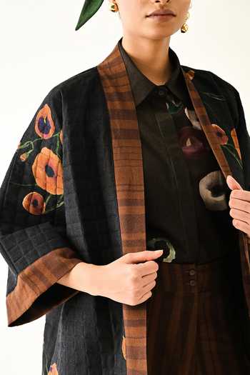 Shop_OFRIDA_Black Cotton Open Neck Earth Bloom Quilted Jacket _Online_at_Aza_Fashions