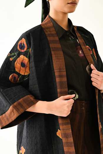 OFRIDA_Black Cotton Open Neck Earth Bloom Quilted Jacket _at_Aza_Fashions