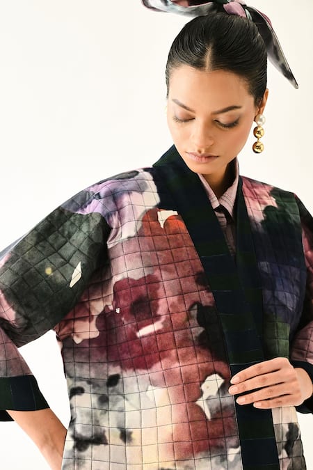 Buy_OFRIDA_Multi Color Cotton Shawl Neck Twilight Quilted Jacket _Online_at_Aza_Fashions