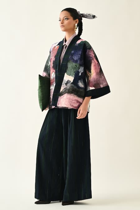 Buy_OFRIDA_Multi Color Cotton Shawl Neck Twilight Quilted Jacket 