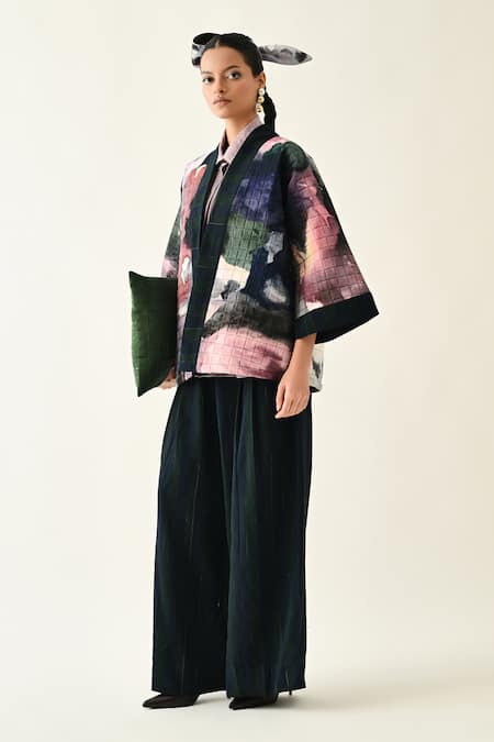 Shop_OFRIDA_Multi Color Cotton Shawl Neck Twilight Quilted Jacket 