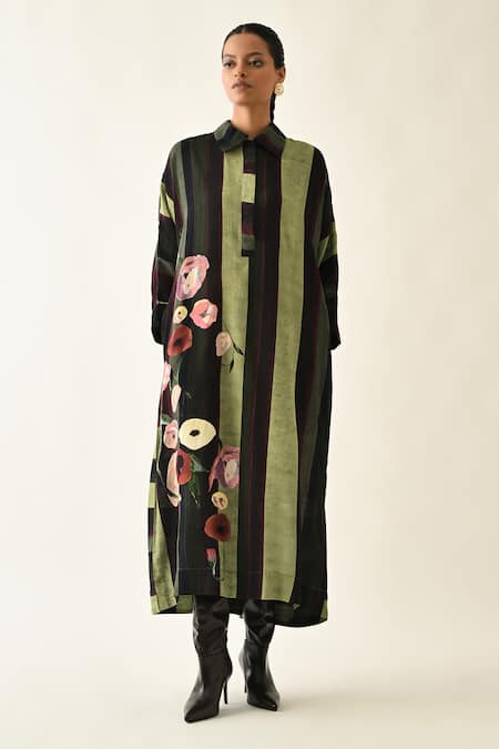 Shop_OFRIDA_Pink Cotton Collared Moss Striped Dress _Online_at_Aza_Fashions