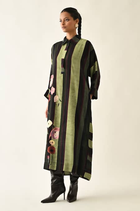 Shop_OFRIDA_Pink Cotton Collared Moss Striped Dress 