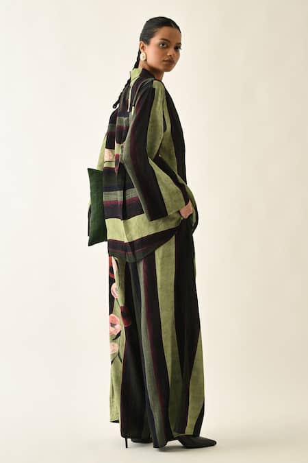 OFRIDA_Pink Cotton Moss Striped Pleated Pant _Online_at_Aza_Fashions