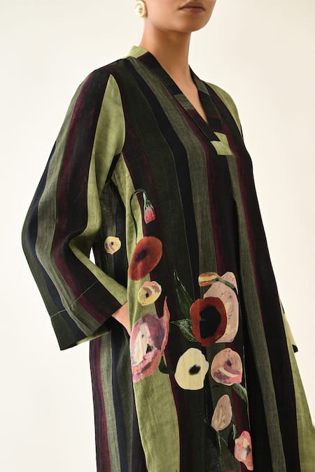 OFRIDA_Green Cotton V-neck Moss Stripes A-line Dress _at_Aza_Fashions