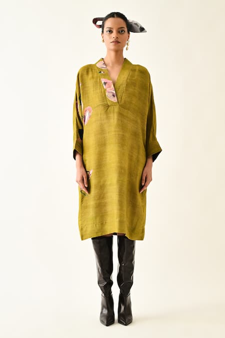 OFRIDA_Mustard Cotton V-neck Sol Flora V Dress _Online_at_Aza_Fashions