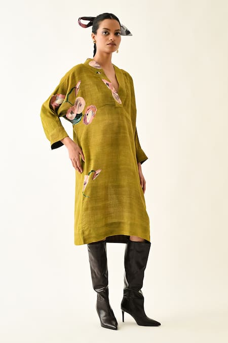 Shop_OFRIDA_Mustard Cotton V-neck Sol Flora V Dress _Online_at_Aza_Fashions