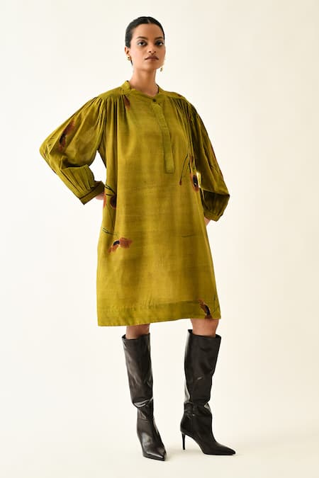 Buy_OFRIDA_Mustard Round Neck Sol Flora Beach Short Dress _Online_at_Aza_Fashions