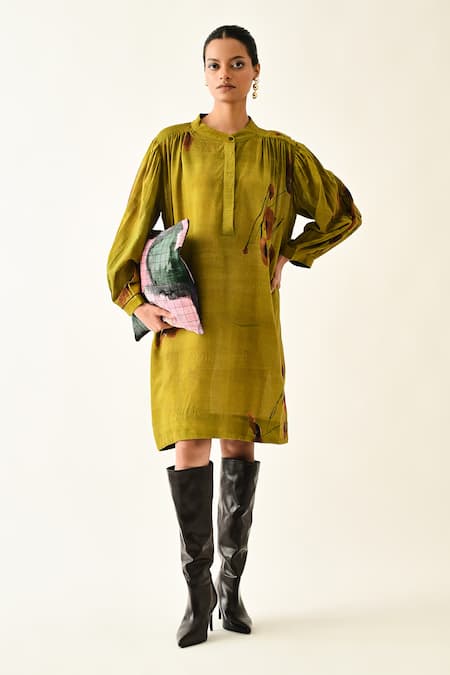 Shop_OFRIDA_Mustard Round Neck Sol Flora Beach Short Dress _Online_at_Aza_Fashions