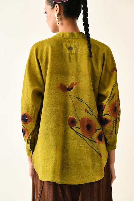 Shop_OFRIDA_Mustard Mandarin Collar Petals Printed Shirt _Online_at_Aza_Fashions