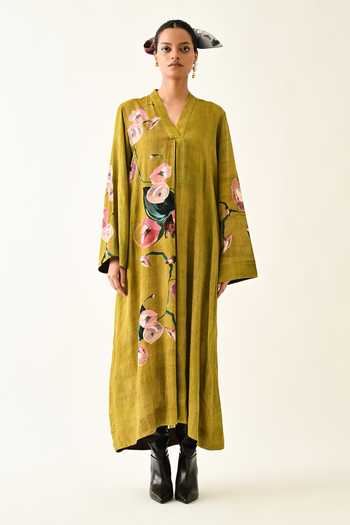 OFRIDA Mustard Cotton V-neck Sol Flora A-line Printed Midi Dress Online at Aza Fashions OFRIDA_Mustard Cotton V-neck Sol Flora A-line Printed Midi Dress_Online_at_Aza_Fashions