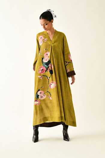 Shop OFRIDA Mustard Cotton V-neck Sol Flora A-line Printed Midi Dress Online at Aza Fashions Shop_OFRIDA_Mustard Cotton V-neck Sol Flora A-line Printed Midi Dress_Online_at_Aza_Fashions