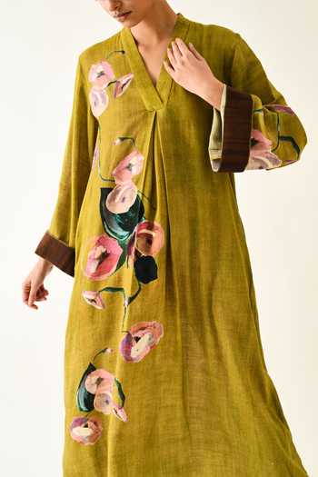 OFRIDA Mustard Cotton V-neck Sol Flora A-line Printed Midi Dress at Aza Fashions OFRIDA_Mustard Cotton V-neck Sol Flora A-line Printed Midi Dress_at_Aza_Fashions