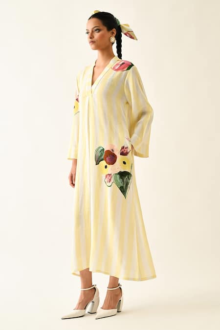 Buy_OFRIDA_Yellow Cotton V-neck Bloomstripe A-line Dress _Online_at_Aza_Fashions