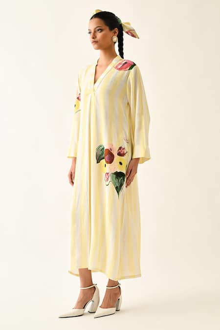 Shop_OFRIDA_Yellow Cotton V-neck Bloomstripe A-line Dress _Online_at_Aza_Fashions