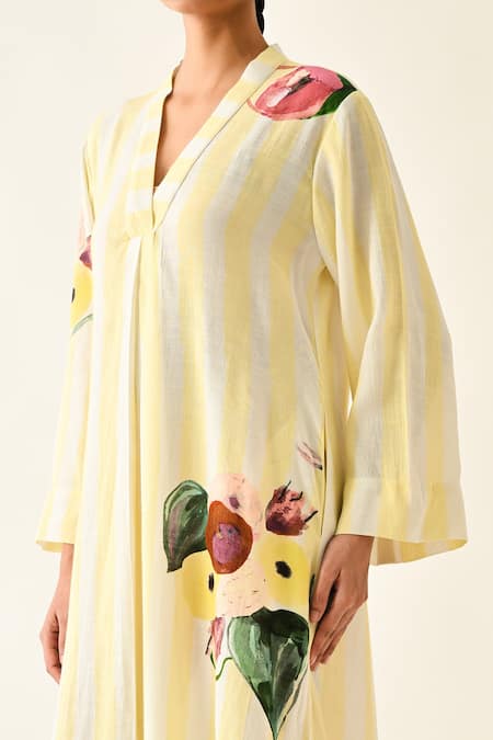Buy_OFRIDA_Yellow Cotton V-neck Bloomstripe A-line Dress 